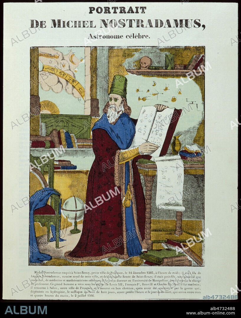 'Portrait de Michel NOSTRADAMUS (1503-1566) astronome celebre. Imagerie d'Epinal fin 19eme siecle. Credit: Collection Kharbine-Tapabor.