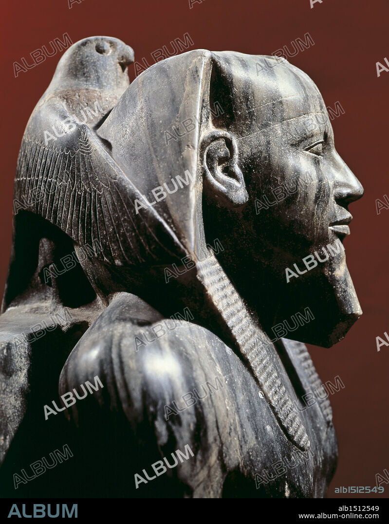 Egyptian civilization, Old Kingdom, Dynasty IV. Diorite statue of pharaoh Khafre (Chephren). From Giza. Detail.