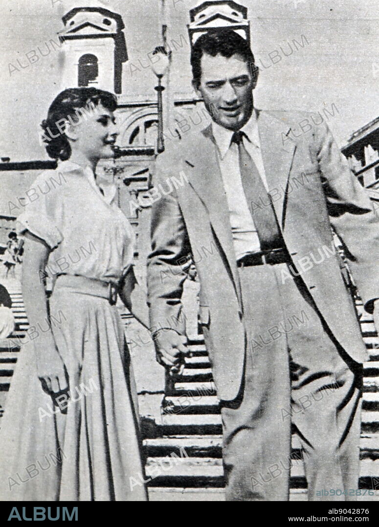 Film still from 'Roman Holiday' starring Audrey Hepburn, Gregory Peck, Eddie Albert, and Hartley Power.