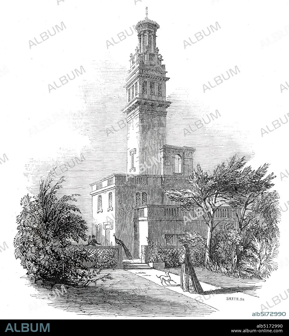 SMYTH. Lansdown Tower and garden, 1845. View of the tower of an architectural folly built for British art collector William Beckford near Bath, Somerset. It was designed by Henry Goodridge. The house and contents were auctioned after Beckford's death in 1844. 'The design is square to an altitude of 130 feet from the foundation; it then assumes an octangular form for 12 feet more, and this is crowned by 12 feet of octangular woodwork, of a lantern shape, which is protected by an iron pillar at each angle - these, as well as the dome, are gilt'. From "Illustrated London News", 1845, Vol VII.