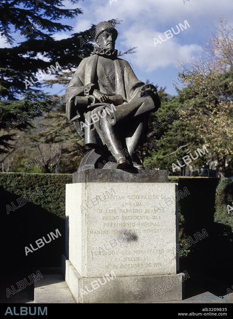 Philip II of Spain (1527-1598). The Prudent, King of Spain, Portugal, Naples, Sicilyn Seventeen Provinces of the Netherlands. Habsburg House. Statue, 1974. San Lorenzo del Escorial. Province of Madrid, Spain.