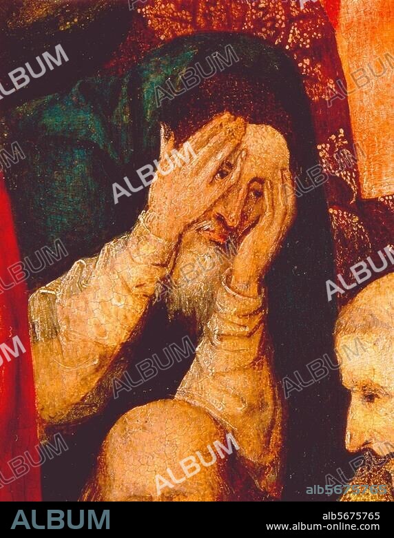 HIERONYMUS BOSCH. Bosch, Hieronymus um 1450 - 1516. "Die Kreuzigung der Heiligen Julia". Ausschnitt: Anhänger Julias. Mitteltafel des "Altars der Hl. Julia". Öl auf Holz, 104 × 63 cm. Venedig, Dogenpalast.