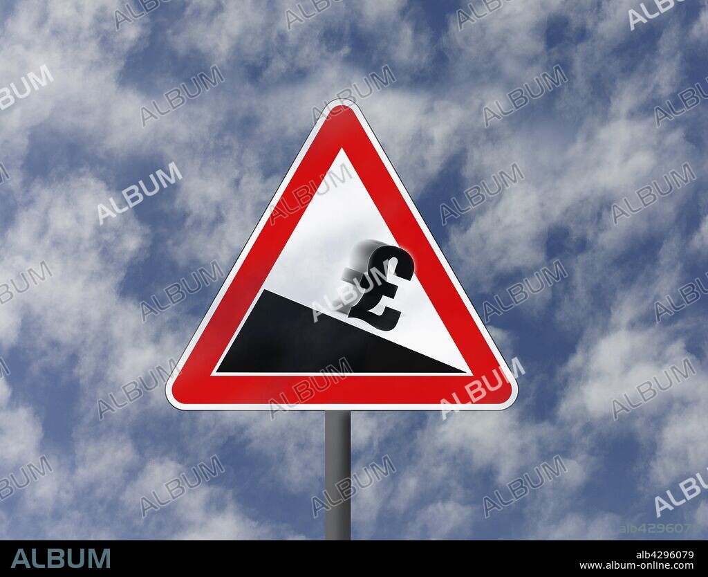 British pound sign sliding downhill on road warning sign.