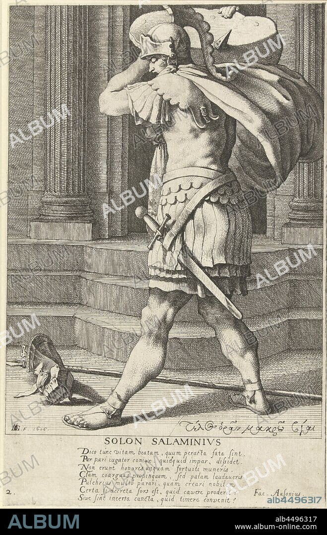 Solon of Athens Solon Salaminius (title on object) The seven sages of Greece (series title), A man in military clothing, full-length portrait, seen on the left, standing by a building, a large block on the right shoulder, a glove and a spear for the feet. Underneath the performance a seven-line Latin poem. This print is part of a series of eight prints: a title print and seven numbered portraits of Greek sages., The seven wise men of Greece: Bias, Chilon, Cleobulus, Periander (alternatively Myson), Pittacus, Solon, Thales, Jacob de Gheyn (III) (mentioned on object), 1616, paper, etching, h 300 mm × w 191 mm.