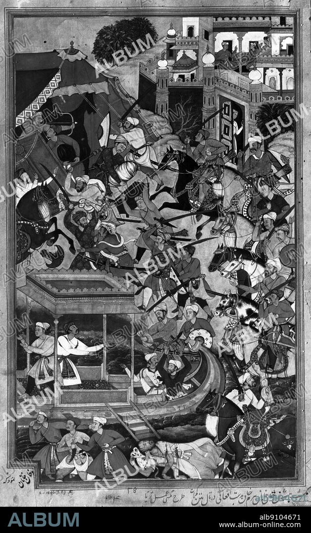 Mogul Akbar Period c 1590. From the Akbarnamah Manuscript. Assassination of Bairam Khan beside the lake at Patan, Baroda, 1561. Artist: Tulsi the Elder (outline). Tiriya (painting). Bairam Khan was the prime minister of Akbar and the real founder of the Moghul Empire for him. He was the one who conquered many provinces for Akbar when he was a minor. When Akbar came of age he dismissed Bairam Khan from his post and Bairam Khan was forced to go to Makkah for pilgrimage, but was killed by Lohani whose father was slain by him.