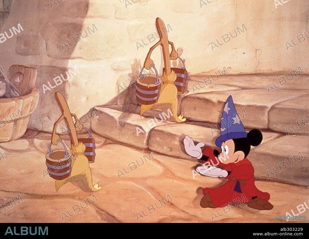 MICKEY MOUSE in FANTASIA, 1940, directed by BEN SHARPSTEEN, FORD BEEBE, HAMILTON LUSKE, JAMES ALGAR, JIM HANDLEY, PAUL SATTERFIELD and WILFRED JACKSON. Copyright WALT DISNEY PRODUCTIONS.
