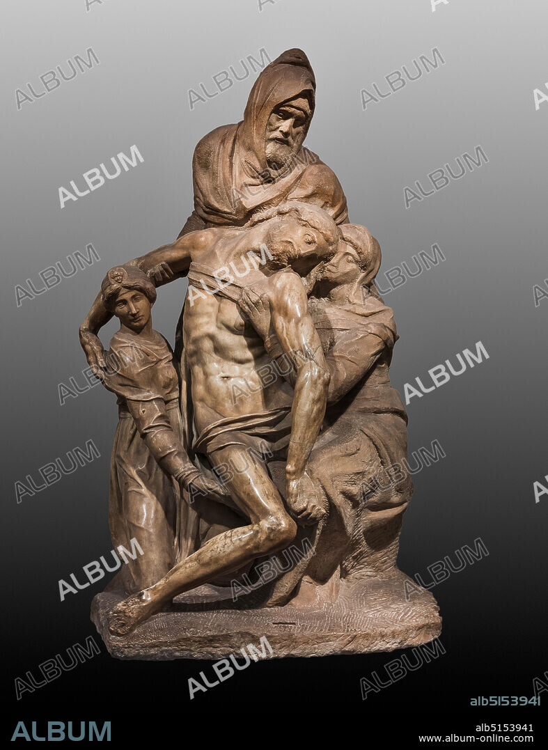 Florence, Museum of the Cathedral (Museo dell'Opera del Duomo - Santa Maria del Fiore): The Deposition (also called the Florence Pietà, the Bandini Pietà or The Lamentation over the Dead Christ), by Michelangelo Buonarroti, 1547 - 1555. Nicodemus' face under the hood is considered to be a self-portrait by Michelangelo himself.