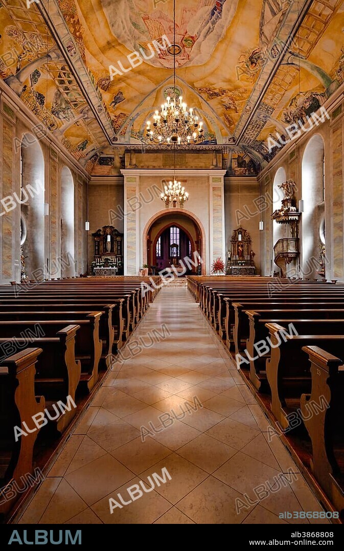 Nave with choir, chancel, ceiling painting by Emil Wachter, St. Martin's Church, oldest building in the city of Ettlingen, Baden-Württemberg, Germany