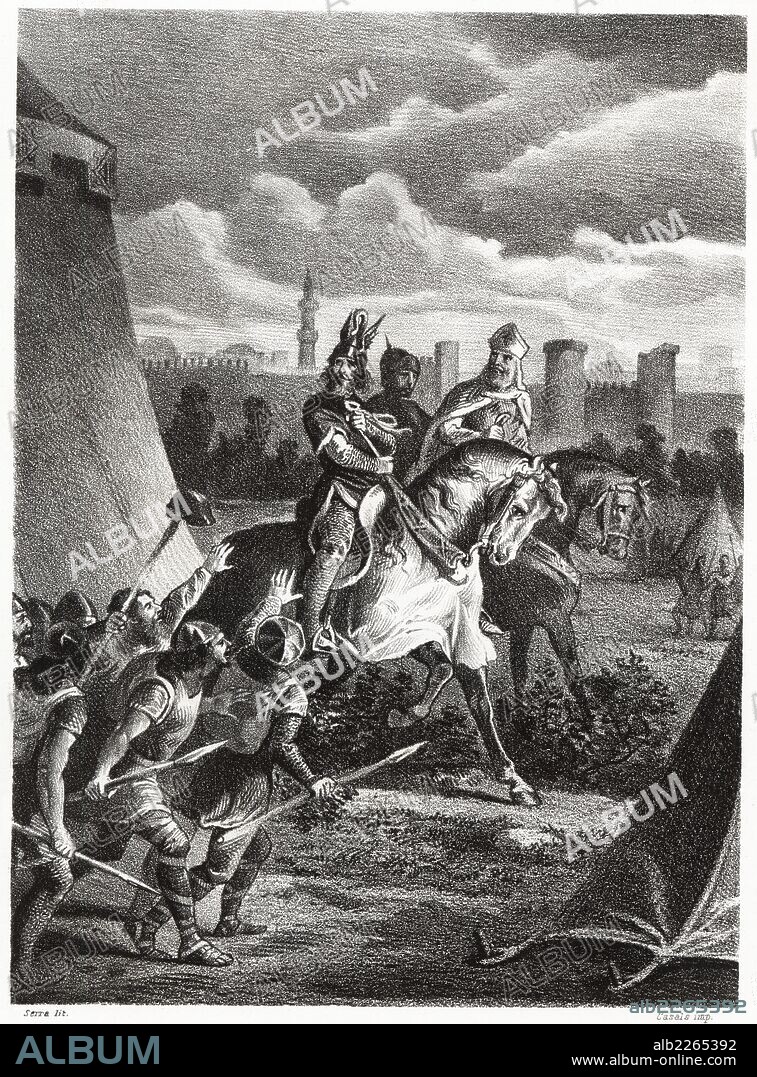 Historia de España. El rey Jaime I el Conquistador en la toma de Valencia en 1233. Grabado de 1872.