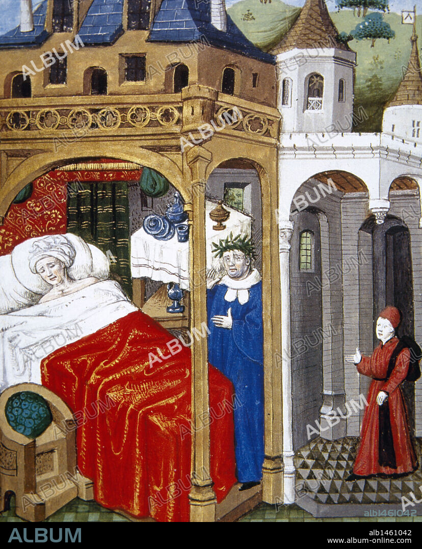 Francesco Petrarca (1304-1374) and Giovanni Boccaccio (1313-1375). Italian writers. Petrarch appears in dreams to Boccaccio. Miniature in Livre des Cleres et Nobles Femmes (Book of Clergymen and Nobles Women), 15th century. Castle of Chantilly. France.