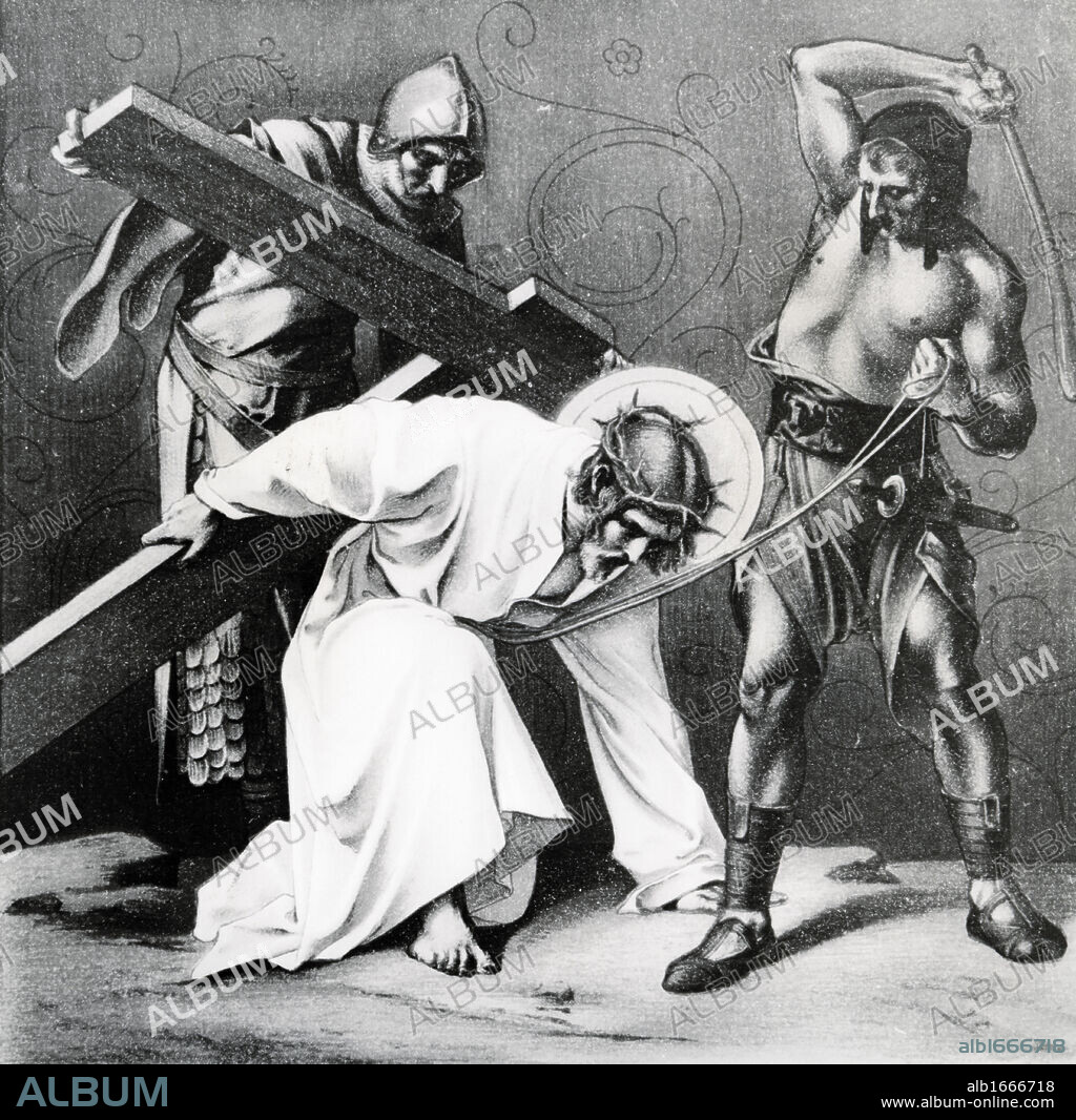 MARTIN FEUERSTEIN. Jesus Falls the First Time (3rd station of the Cross) by Martin Ritter von Feuerstein, oil painting, circa 1898, 1856 - 1931, Germany, Munich, Saint Anna Church.