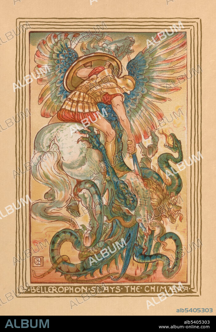 The Chimera, recounts the story of Bellerophon taming Pegasus and killing the Chimera. Nathaniel Hawthorne (July 4, 1804, May 19, 1864) was an American novelist, dark romantic, and short story writer. His, A Wonder-Book for Girls and Boys, first published in 1851, is a children's book in which he retells several Greek myths. Walter Crane (August 15, 1845, March 14, 1915) was an English artist and book illustrator. Printed at the Riverside Press, 1893.
