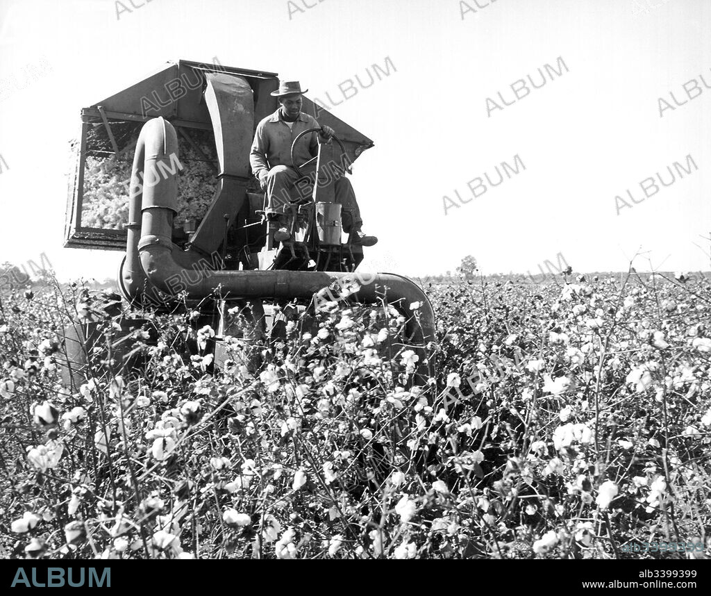 Scott, MIssissippi:  June, 1959 A mechanical cotton picker in operation for the Delta and Pineland Company. It can pick as much cotton as forty hand pickers.