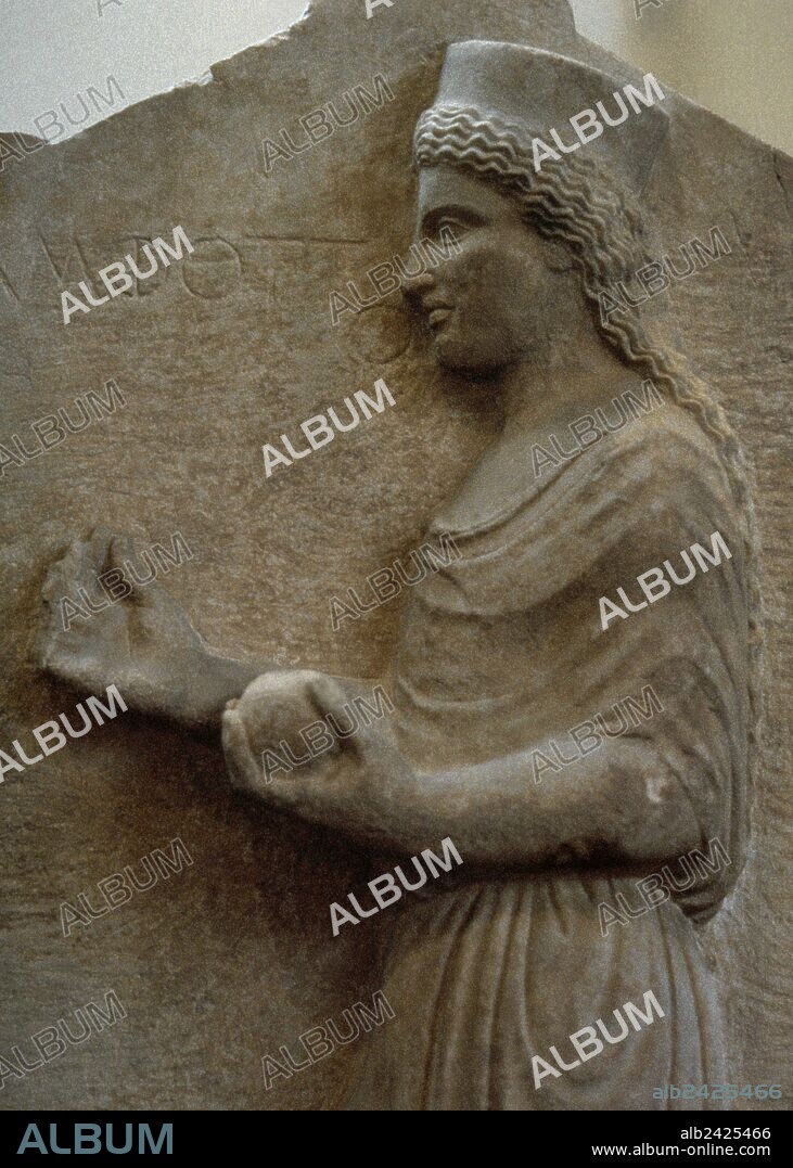 Grave stele of Amphotto from Thebes. Ca. 440 BC. Limestone. The dead woman, Amphotto wear a peplos. National Archaeological Museum. Athens. Greece.