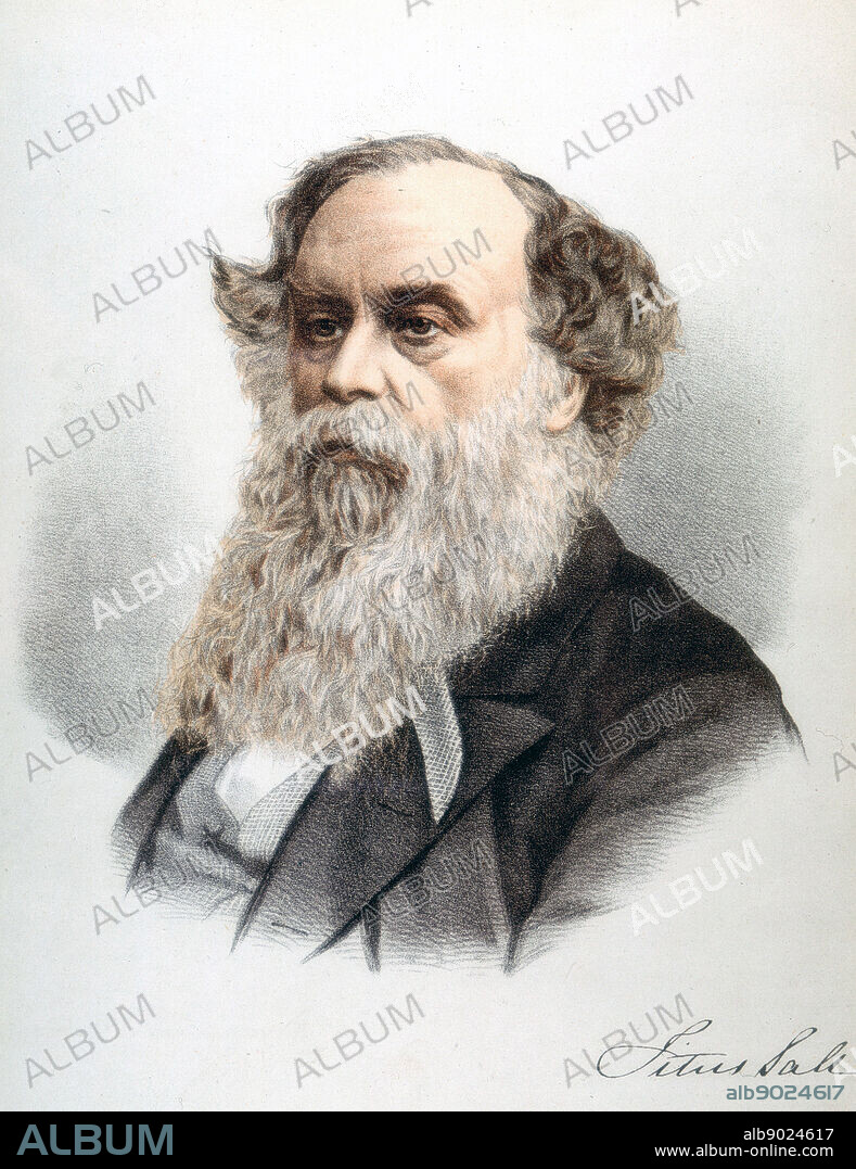 Titus Salt (1803-1876) British industrialist. Builder of Saltaire Mill near Bradford. Discovered method of making alpaca. Tinted lithograph published London 1880.
