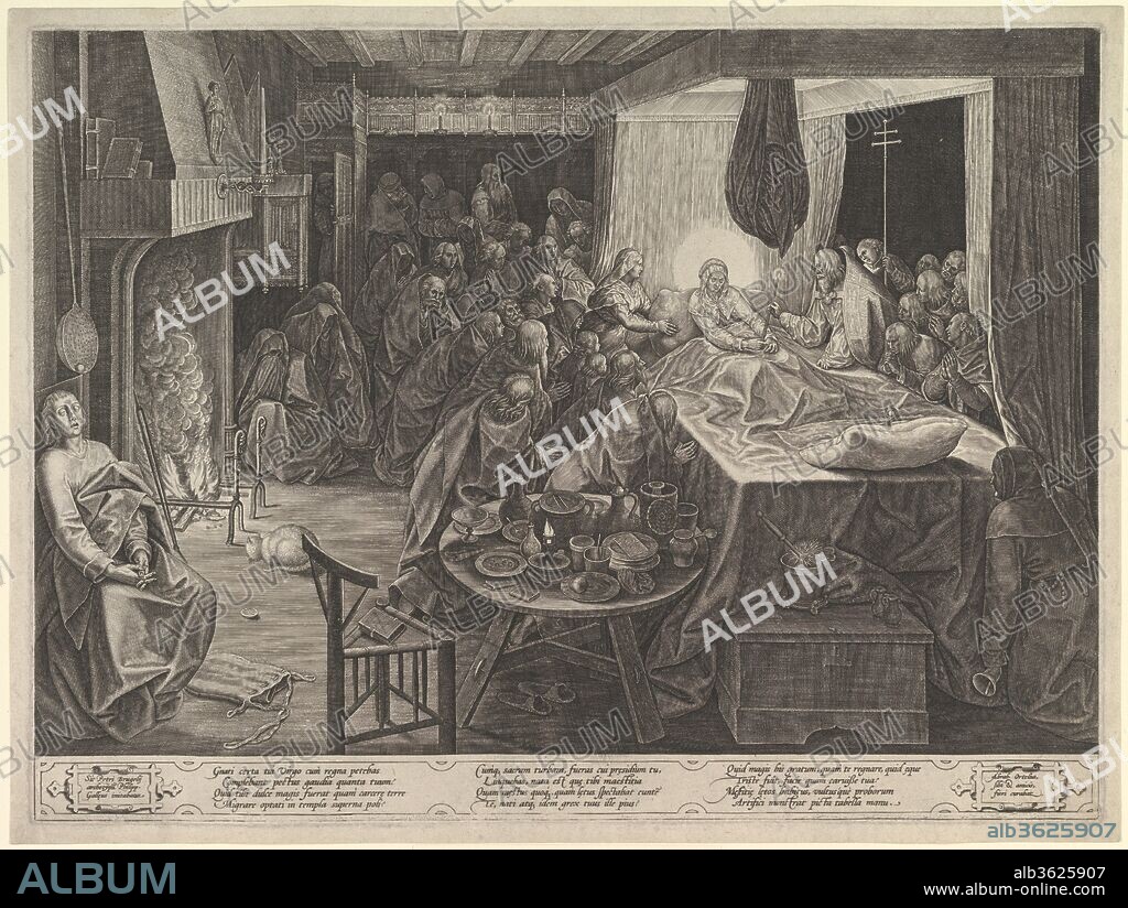 The Death of the Virgin. Artist: After Pieter Bruegel the Elder (Netherlandish, Breda (?) ca. 1525-1569 Brussels); Philips Galle (Netherlandish, Haarlem 1537-1612 Antwerp). Dimensions: Plate: 12 3/8 x 16 11/16 in. (31.5 x 42.4 cm)
Sheet: 13 x 17 1/4 in. (33 x 43.8 cm). Date: 1574.