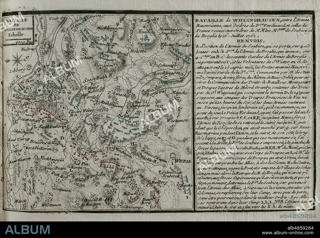 JEAN DE BEAURAIN (1696-1771). FRENCH GEOGRAPHER.. Seven Years War (1756-1763). Map of the Battle of Vellinghausen (July 15-16, 1761). It took place on the banks of the Lippe River in North West Germany. Confronted the allied Prussian-Hanoverian-British army led by Prince Ferdinand of Brunswick against the French army under the command of the Duc de Broglie and the Prince Soubise. The French force had to retreat. Published in 1765 by the cartographer Jean de Beaurain (1696-1771) as an illustration of his Great Map of Germany, with the events that took place during the Seven Years War. Allied army in red and the French army in blue. Etching and engraving. French edition, 1765. Military Historical Library of Barcelona (Biblioteca Histórico Militar de Barcelona). Catalonia. Spain.