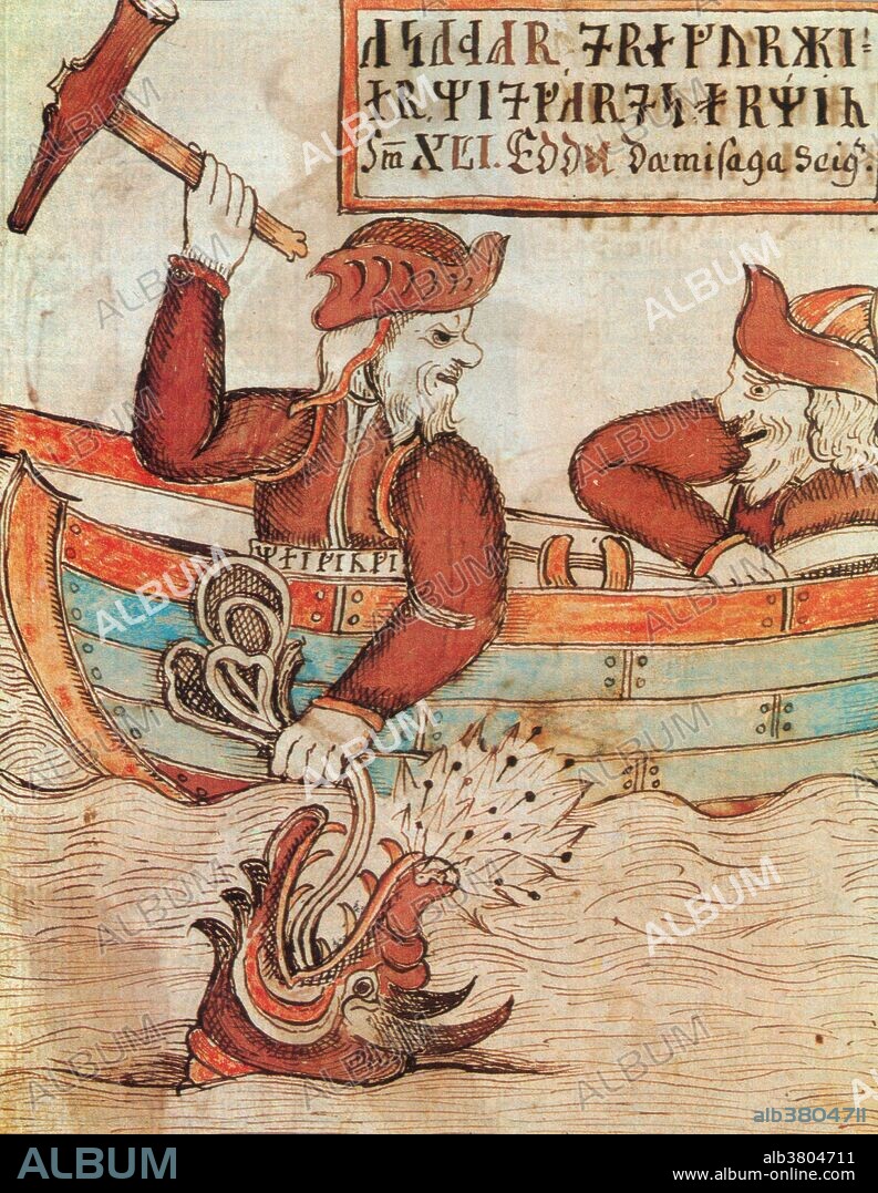 Illustration depicting the Norse god Thor capturing the serpent Jormungandr. From an 18th-century Icelandic manuscript in the Royal Library, Copenhagen.