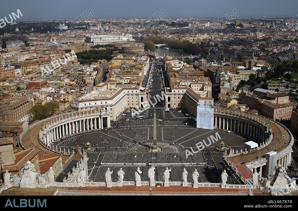 Vatican City. St. Peter's Square from the dome of the Basilica with the colonnade designed by Gian Lorenzo Bernini between 1656 and 1665.