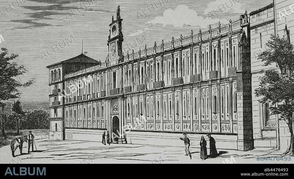 España. León. Convento de San Marcos. Edificio Renacentista. Fachada principal. Dibujo por Fernando Miranda. Grabado. Crónica General de España, Historia Ilustrada y Descriptiva de sus Provincias. Tomo Asturias y León, 1867. Biblioteca Histórico Militar de Barcelona, Cataluña, España.