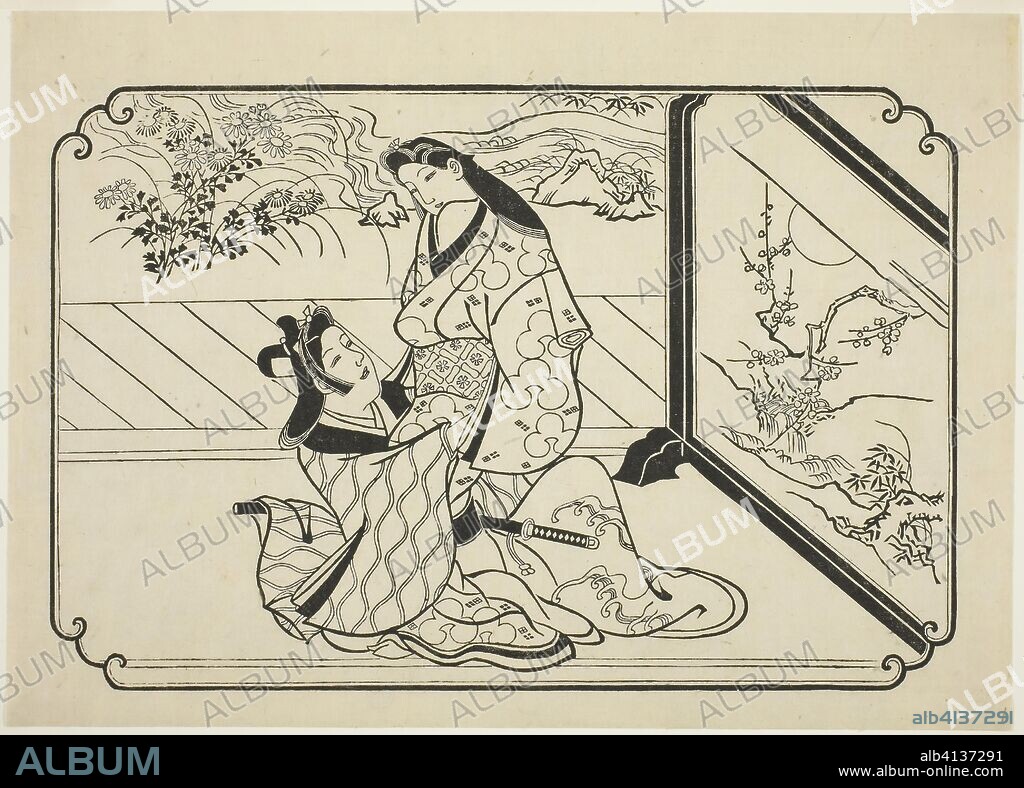 Behind the Screen. Hishikawa Moronobu; Japanese, (?)-1694. Date: 1668-1686. Dimensions: 27.2 x 38.4 cm. Woodblock print; sumizuri-e, oban yoko-e. Origin: Japan.