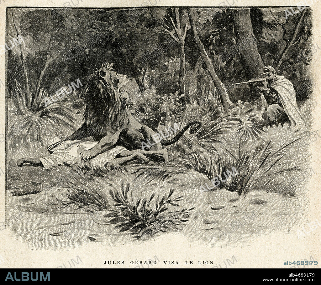 Jules GERARD (1817-1864) visa le lion. Illustration d'Alfred PARIS (1848-1908) pour 'Le tueur de lions' paru dans Mon Journal de 1898. Credit :Coll. Jonas/KHARBINE-TAPABOR.