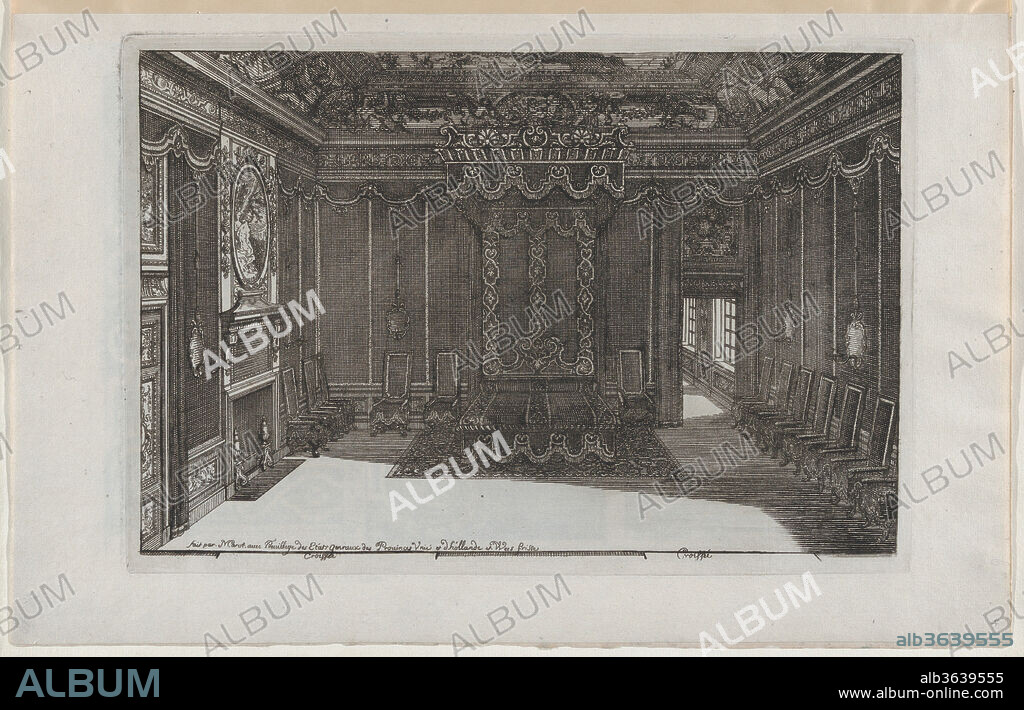 Interior with a Canopy Bed and a Row of Chairs Lining the Walls, from Nouveaux Liure da Partements, part of OEuvres du Sr. D. Marot. Artist: Daniel Marot the Elder (French, Paris 1661-1752 The Hague). Dimensions: Sheet: 8 1/2 × 13 1/2 in. (21.6 × 34.3 cm)
Plate: 7 5/16 × 10 5/8 in. (18.6 × 27 cm). Published in: The Hague. Publisher: Published by Pierre Husson , The Hague. Series/Portfolio: Nouveaux Liure da Partements. Date: published 1703 or 1712.
Interior with a canopy bed placed on a carpet against the far wall. To its right, an open door shows a row of windows in the room beyond. At left, a fireplace. A row of thirteen chairs line the walls. From a group of five plates, out of a series of six prints with designs for the interior decoration of rooms and detailed designs for textiles.