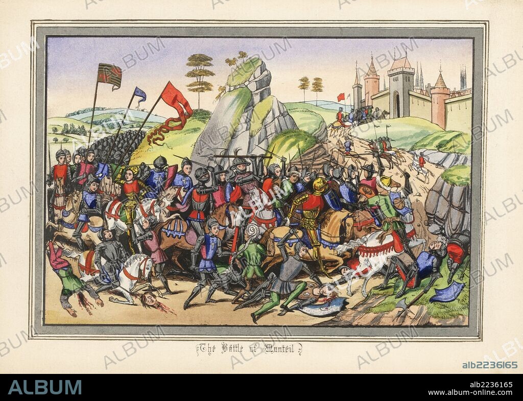 Battle of Monteil, 1369, between the Franco Castilians under Henry II of Castile and a pro-English alliance under Peter of Castile. Handcoloured lithograph after an illuminated manuscript from Sir John Froissart's "Chronicles of England, France, Spain and the Adjoining Countries, from the Latter Part of the Reign of Edward II to the Coronation of Henry IV," George Routledge, London, 1868.