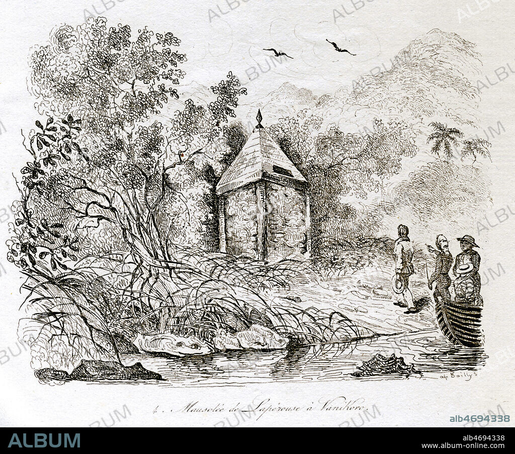 Mausolee de LAPEROUSE (1741-1788) a Vanikoro. Gravure par de Louis Auguste de SAINSON (1801-1887) illustrateur de l'expedition de DUMONT d'URVILLE (1790-1842) parue dans Voyage pittoresque autour du monde. Credit : Coll. Jonas/KHARBINE-TAPABOR.