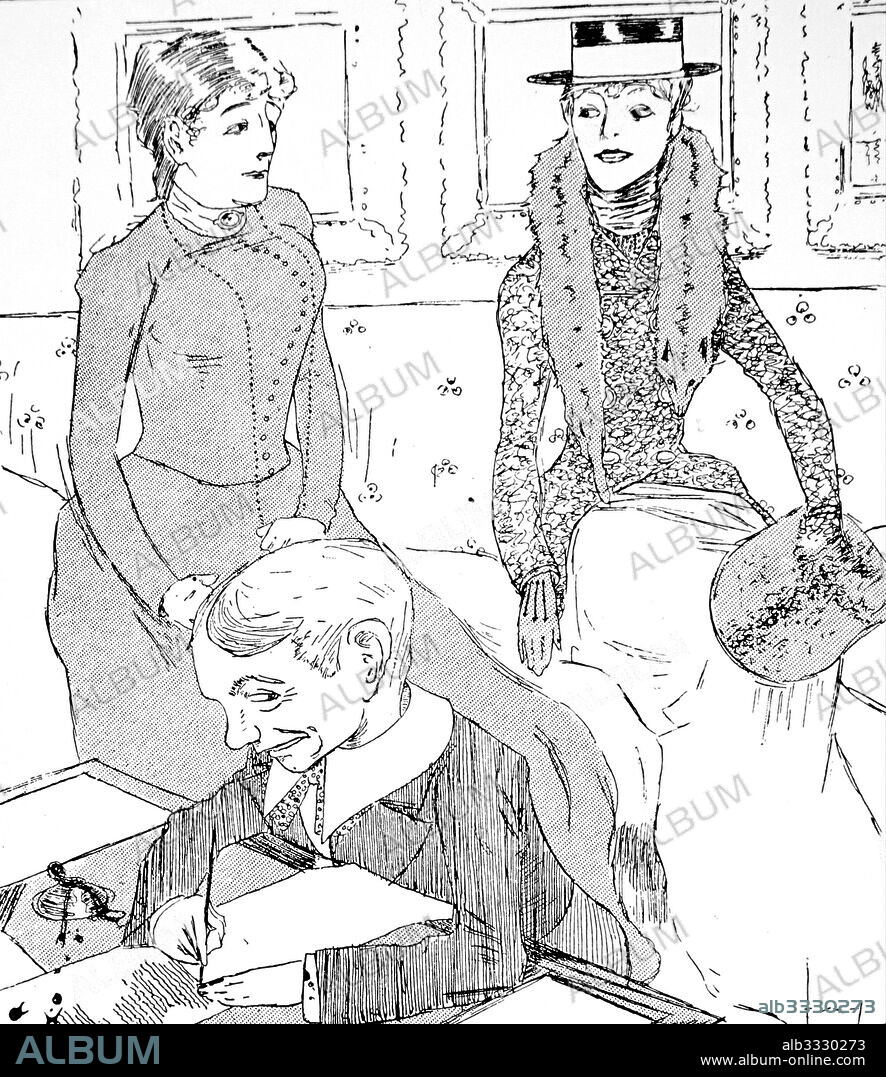 English illustration dated 1901. A naughty boy is made to write out lines as a punishment as two women look on.