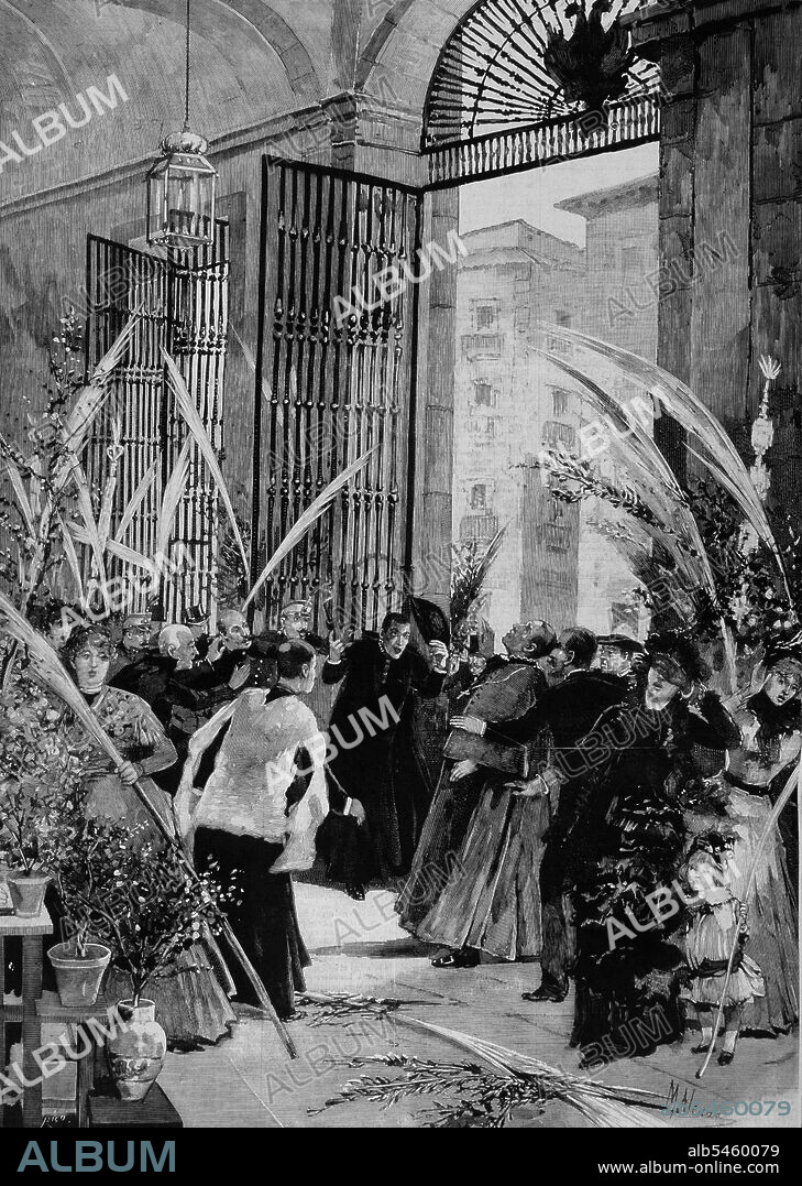 MARTINEZ IZQUIERDO ,NARCISO. PRIMER OBISPO DE MADRID. RUEDA 1831 - 1886. " EL 18 - 4 - 1886 EL SACERDOTE CAYETANO GALEOTE ASESINA AL OBISPO DE MADRID EN EL . ATRIO DE LA IGLESIA DE SAN ISIDRO EN MADRID ". GRABADO . ILUSTRACION ESPAÑOLA Y AMERICANA.