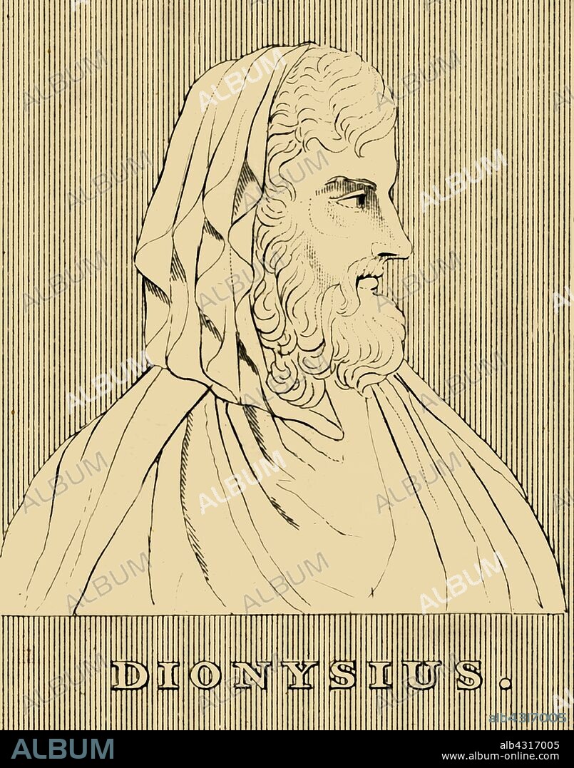 'Dionysius', (c432-367 BC), 1830. Dionysius I of Syracuse (c432-367 BC) Greek tyrant of Syracuse, in Sicily, egarded by the ancients as the worst kind of despot, cruel, suspicious and vindictive. From "Biographical Illustrations", by Alfred Howard. [Thomas Tegg, R. Griffin and Co., J. Cumming, London, Glasgow and Dublin, 1830].