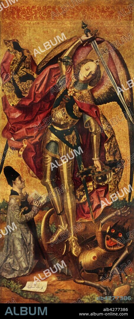 BARTOLOME BERMEJO. Saint Michael Triumphs over the Devil, 1468, (1946). The saint, in golden armour and holding a crystal shield, swings his sword above Satan, as the painting's patron, Antoni Joan, lord of Tous, kneels with a psalter. Painting, (possibly the central panel of an altarpiece which was formerly in the church of San Miguel in Tous, near Valencia), now in the National Gallery in London. From "Spanish Painting" by Philip Hendy. [Avalon Press & Central Institute of Art and Design, London, 1946].