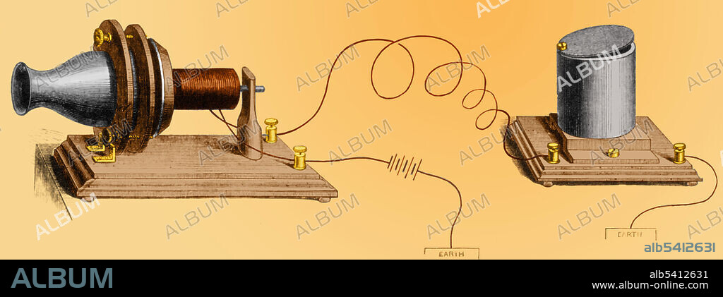Historical artwork of Alexander Graham Bell's first telephone transmitter (left) and receiver (right). Patented in 1876, it used existing telegraph lines to transmit and receive sound. The mouthpiece (far left) doubled as the earpiece for the call's receiver, but this two way system was later improved as it was not practical to speak and listen concurrently. Bell was born in Scotland in 1847, emigrating to Massachusetts, USA, where he worked on a system to teach deaf mutes to speak. He also patented a system to send more than one message at a time along existing telegraphic systems. It was this improvement that lead him to invent the telephone.