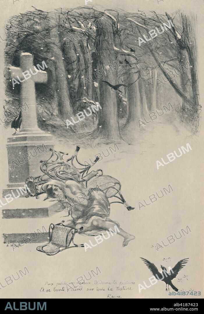 'La Cigale', 1919. Quote from Athalie by Jean Racine: 'Aux petits des oiseaux il donne leur pâture, Et sa bonté s'étend sur toute la nature'. From Modern Woodcuts and Lithographs by British and French Artists, by Geoffrey Holme. [The Studio Ltd., London, Paris, New York, 1919].