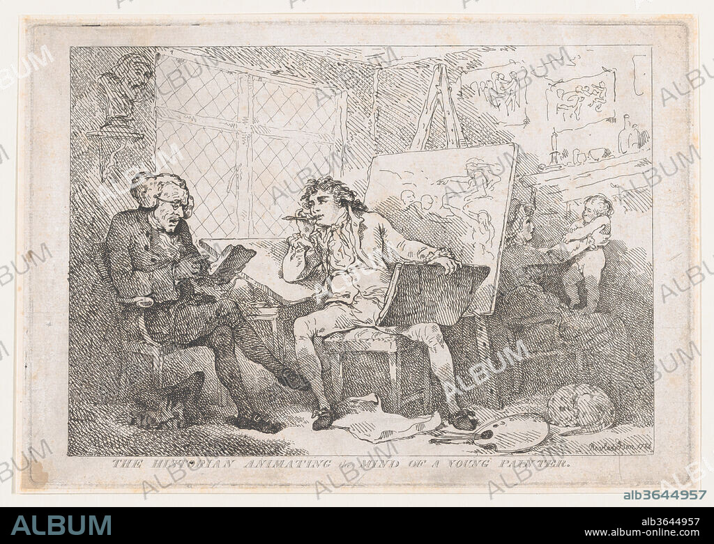 The Historian Animating The Mind of A Young Painter. Artist: Thomas Rowlandson (British, London 1757-1827 London). Dimensions: Sheet: 8 11/16 × 12 3/8 in. (22 × 31.5 cm)
Plate: 8 7/16 × 12 1/16 in. (21.5 × 30.7 cm). Published in: London. Date: 1784.