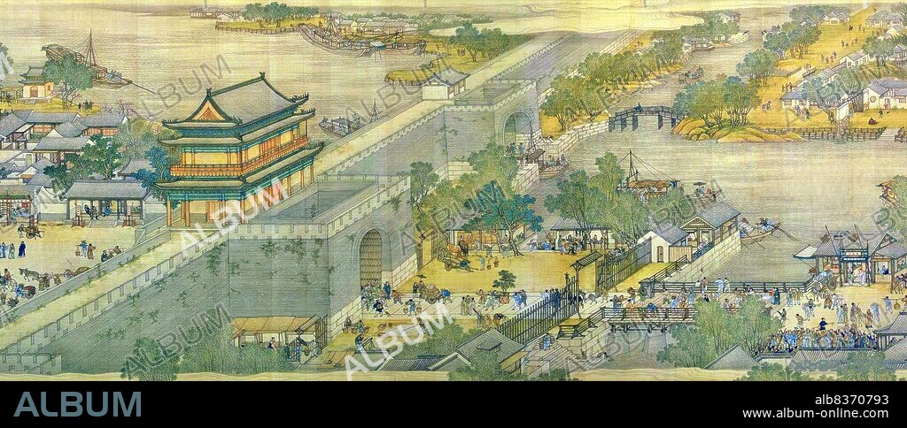 'Along the River During the Qingming Festival' is a painting by the Song dynasty artist Zhang Zeduan (10851145). It captures the daily life of people and the landscape of the Northern Song capital, Bianjing, today's Kaifeng. The theme is said to celebrate the festive spirit and worldly commotion at the Qingming Festival, rather than the holiday's ceremonial aspects, such as tomb sweeping and prayers.<br/><br/>. Successive scenes reveal the lifestyle of all levels of the society from rich to poor as well as different economic activities in rural areas and the city, and offer glimpses of period clothing and architecture. The scroll is 25.5 centimetres (10.0 inches) in height and 5.25 meters (5.74 yards) long. In its length there are 814 humans (of whom only 20 are women), 28 boats, 60 animals, 30 buildings, 20 vehicles, 8 sedan chairs, and 170 trees. The countryside and the densely populated city are the two main sections in the picture, with the river meandering through the entire length.<br/><br/>. The original painting is the most celebrated work of art from the Song dynasty. Due to this high artistic reputation, it has inspired several works of art that revived and updated the style of the original. The version presented here was made by five Qing dynasty court painters (Chen Mu, Sun Hu, Jin Kun, Dai Hong and Cheng Zhidao) and presented to the Qianlong Emperor on January 15, 1737.<br/><br/>. There are many more people, over 4,000, in the Qing remake, which also is much larger (at 11 metres by 35 cm, or 37 ft by 1 ft). The full scroll should be viewed from right to left.