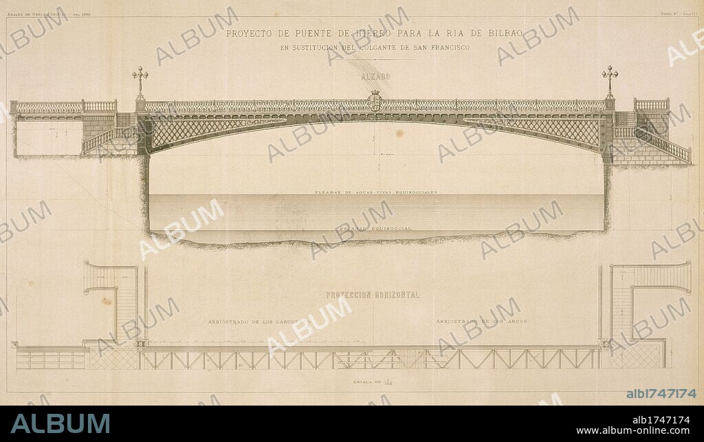 Plano del proyecto de construcción de un puente de hierro, en la Ría de Bilbao, en sustitución del colgante de San Francisco. Siglo XIX.