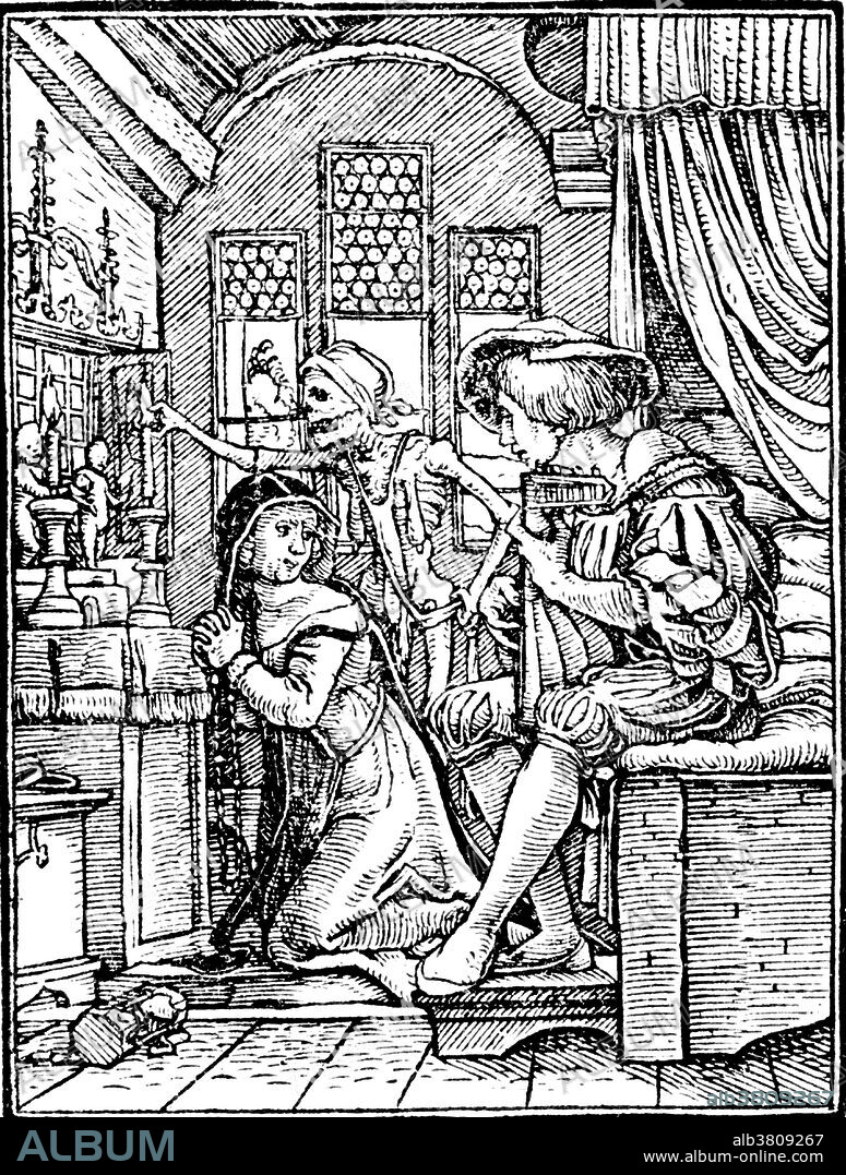 The Nun, from The Dance of Death, designed by Hans Holbein the Younger, woodcut, 1526. The Dance of Death (1523-26) refashions the late medieval allegory of the Danse Macabre as a reformist satire. Holbein's series of woodcuts shows the figure of "Death" in many disguises, confronting individuals from all walks of life. None escape Death's skeleton clutches, even the pious. Dance of Death, also called Danse Macabre (French), Danza Macabra (Italian), Dansul Mortii (Romanian), Danza de la Muerte (Spanish), Dansa de la Mort (Catalan), Danca Macabra (Portuguese language), Totentanz (German), Dodendans (Dutch), Surmatants (Estonian), is an artistic genre of late medieval allegory on the universality of death: no matter one's station in life, the Dance of Death unites all.
