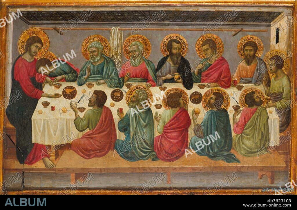 The Last Supper. Artist: Ugolino da Siena (Ugolino di Nerio) (Italian, Siena, active by 1317-died ?1339/49). Dimensions: Overall, with engaged (modern) frame, 15 x 22 1/4 in. (38.1 x 56.5 cm); painted surface 13 1/2 x 20 3/4 in. (34.3 x 52.7 cm). Date: ca. 1325-30.
Ugolino da Siena was the most original and accomplished follower of Duccio di Buoninsegna, the greatest Sienese painter of the fourteenth century. Among Ugolino's most important commissions was the multi-panel altarpiece for the high altar of Santa Croce, the Franciscan church in Florence. This painting of the Last Supper formed part of the predella (the lowermost horizontal component) of the now dismembered altarpiece. A reconstruction of the altarpiece's original appearance is possible through an 18th-century drawing, which indicates that the "Last Supper" panel was the left-most of seven predella panels. The altarpiece's central panel, which depicted the Madonna and Child, is now lost. Ugolino's large workshop included his father and two of his brothers, who were also painters. Ugolino's point of departure was Duccio's rendition of the same scene in the "Maestà" altarpiece for Siena cathedral, but he has reorganized the composition along lines similar to the work of Giotto, who also worked in Santa Croce. That a pupil of Duccio was hired to provide an altarpiece for a major Florentine church attests to the fame of the Sienese master's work. In this scene, Christ, at the far left, informs his disciples that one of them will betray him, a prophecy fulfilled by Judas, who appears without a halo at Christ's right. Ugolino's exploration of spatial perspective is evident in details such as the coffered ceiling and the table settings.
This panel and six others--Arrest of Christ (National Gallery, London), Flagellation (Gemäldegalerie, SMPK, Berlin), Way to Calvary and Deposition (both National Gallery, London), Entombment (Gemäldegalerie, SMPK, Berlin), and Resurrection (National Gallery, London)--comprised the predella of the altarpiece on the high altar of the church of Santa Croce, Florence. Saints John the Baptist, Paul, and Peter (all Gemäldegalerie, SMPK, Berlin) are from the main register; Saints James the Greater and Philip, Saints Matthew and James the Lesser, and Saints Matthias and Clare (all Gemäldegalerie, SMPK, Berlin), Saints Simon and Thaddeus and Saints Bartholomew and Andrew (both National Gallery, London) are from the intermediate upper register.