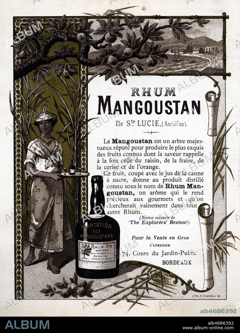 Carte publicitaire vers 1910 pour le Rhum MANGOUSTAN provenant de l'ile Ste Lucie (antilles). Illustration anonyme. Credit : Collection IM/KHARBINE-TAPABOR.