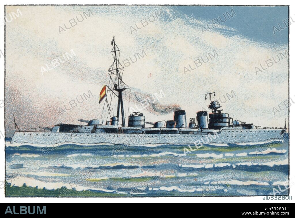 Buques de guerra. Crucero Miguel de Cervantes, construido en 1928. Cromo de Chocolates Comet, de Figueras. Año 1931.