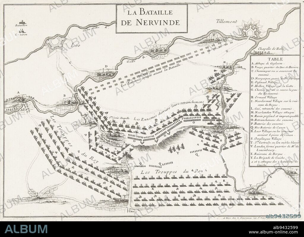 Map of the battle at Landen (Neerwinden) between the Allies under King William III and the French under the Duke of Luxembourg, 29 July 1693. On the right the legend A-Y in French. Map of the battle of Landen, 1693 La Bataille de Neervinde , print maker: anonymous, publisher: Louis Simonneau, (mentioned on object), print maker: France, publisher: Paris, 1693, paper, etching, h 241 mm × w 333 mm.