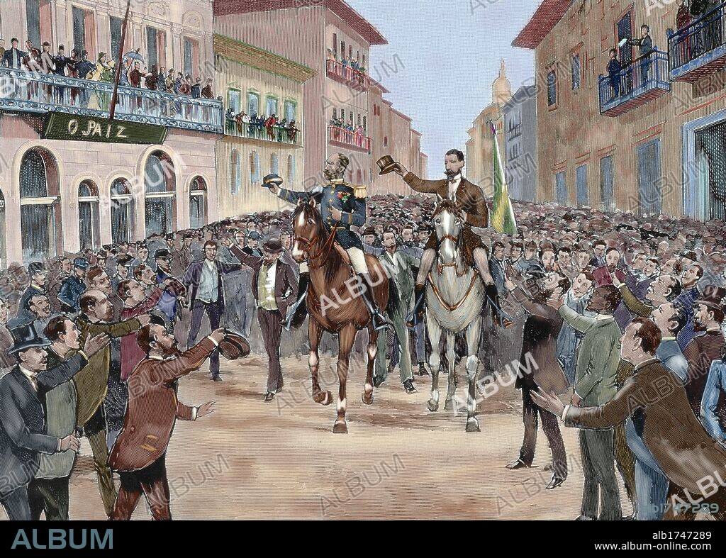 "PROCLAMACION DE LA REPUBLICA DEL BRASIL. OVACION AL GENERAL FONSECA Y AL MINISTRO SR. BACAYUVA". (15 noviembre 1889). Grabado por Rico. Coloreado.