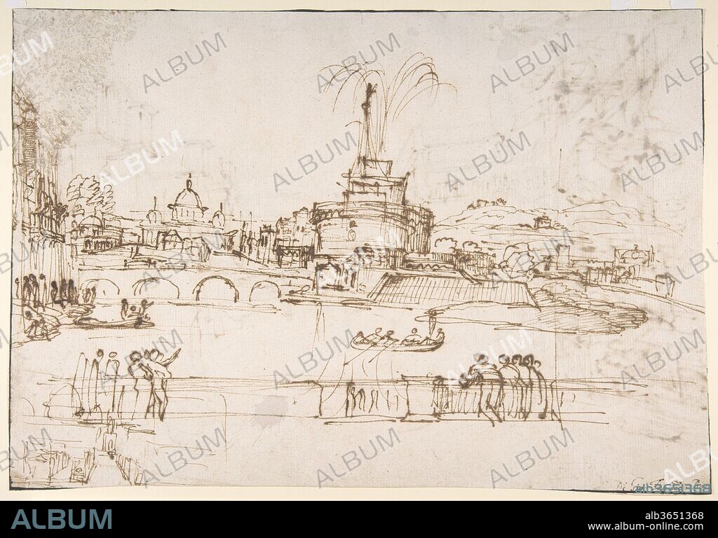 Figures Watching a Display of Fireworks at Castel Sant'Angelo, Rome (recto); A Distant View of the Fireworks Seen from a Villa Garden (verso). Artist: Giovanni Francesco Grimaldi (Italian, Bologna 1606-1680 Rome). Dimensions: 10 1/8 x 14 5/8in. (25.7 x 37.1cm). Date: 1606-80.