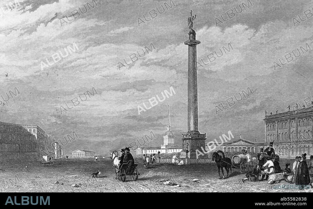 St. Petersburg (Rußland), Alexander-Säule auf dem Palaisplatz zwischen Generalstabsgebäude und Winterpalais. (errichtet 1834; Arch.: A.Montferrand, Bildhauer: B.Orlowski). "Die Alexandersäule". Stahlstich, unbez., um 1850. 9,5 × 15,3 cm. Berlin, Sammlung Archiv für Kunst und Geschichte.