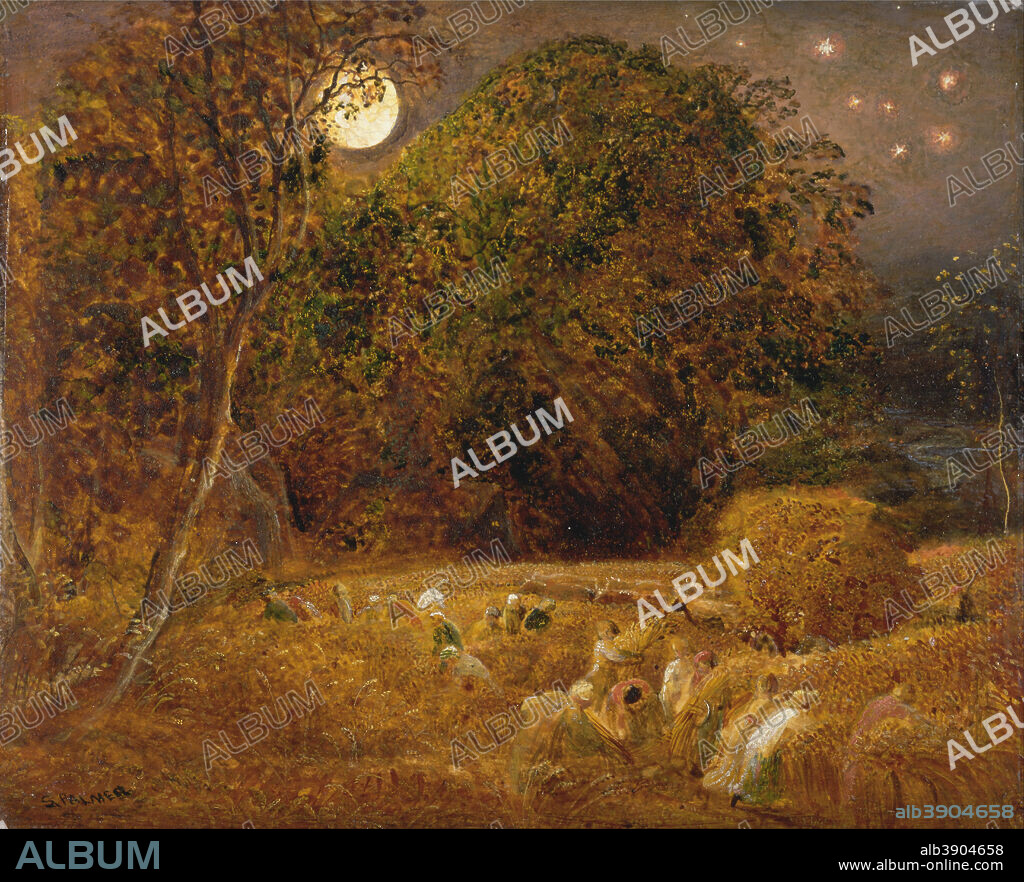 SAMUEL PALMER. The Harvest Moon. Date/Period: Ca. 1833. Painting. Oil on paper, laid on panel. Height: 222 mm (8.74 in); Width: 276 mm (10.86 in).