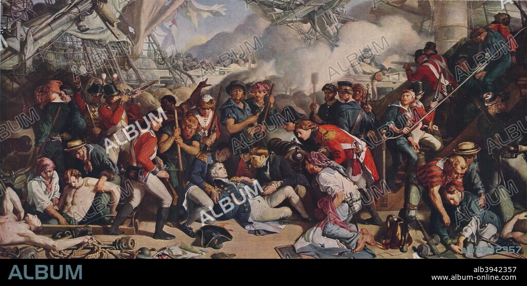 The Death of Nelson, 1859-64. The death of Admiral Horatio Nelson (1758-1804) at the Battle of Trafalgar. From the collection of the National Museums, Liverpool. Scene on 'HMS Victory' during the Battle of Trafalgar, 21 October 1805, where the British navy decisively defeated the Franco-Spanish fleet. One of Britain's greatest military figures, Nelson was the victor at a number of naval battles in the Napoleonic Wars, including the Battle of the Nile (1798), Copenhagen (1801) and most famously, Trafalgar where he was fatally wounded by a shot from a French sharpshooter. After a fresco at the Palace of Westminster, London. From World-Famous Paintings edited by J. Greig Pirie [W. & G. Foyle, Ltd, London, 1938.].