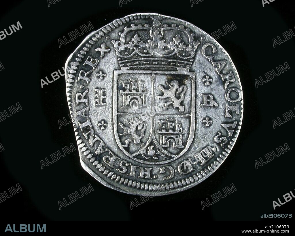 NUMISMATICA. MONEDA MODERNA. DOS REALES DE PLATA, DE CARLOS II. ANVERSO. ESCUDO CON LAS ARMAS DE CASTILLA, LEON Y GRANADA, CORONADO. (DEPOSITO: MUSEO ARQUEOLOGICO NACIONAL).