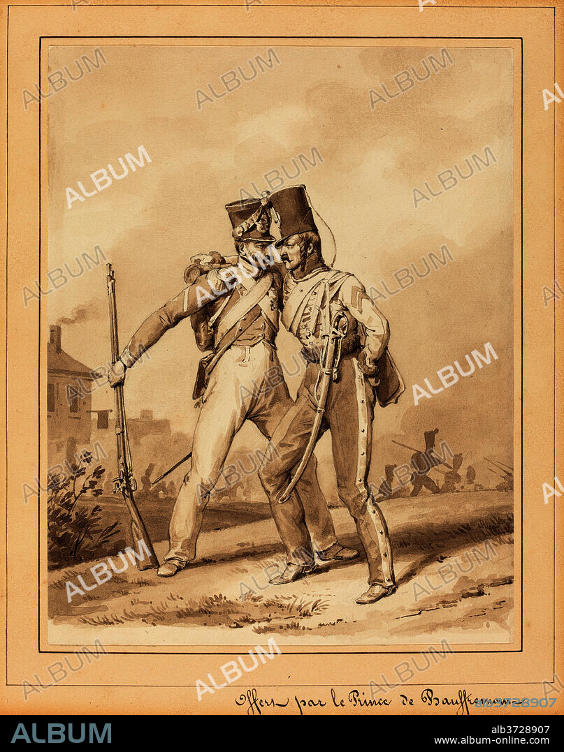 VICTOR ADAM. Two Grenadiers. Dimensions: sheet: 16 x 12.5 cm (6 5/16 x 4 15/16 in.). Medium: brush and brown wash with pen and brown ink over graphite on wove paper laid down on album sheet.